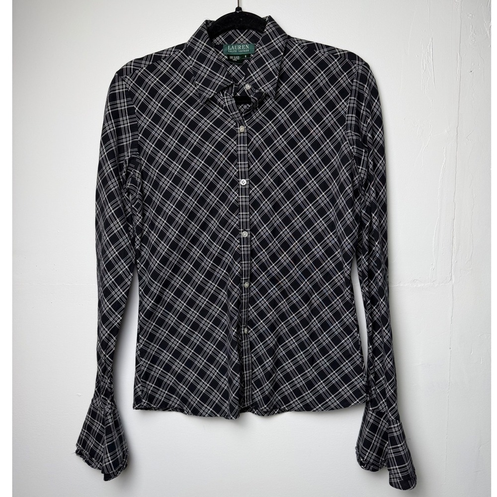 Ralph Lauren Black Plaid Button Down Shirt Y2K Bell Sleeve Blouse Collared Top S